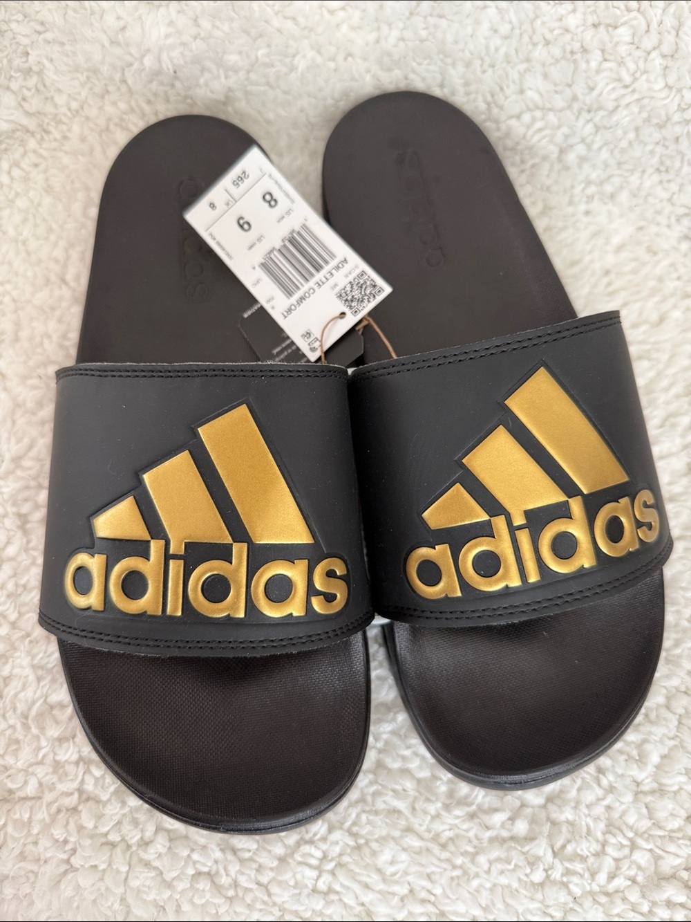 ADIDAS ADILETTE COMFORT Black with Metallic Gold Logo Slide Sandals MEN 8 WOMEN9